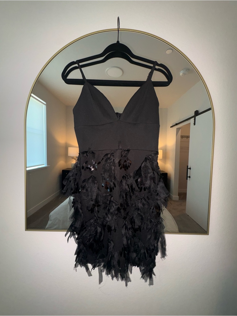 Spaghetti Strap Black Feather-like (faux) Trim Mini Dress